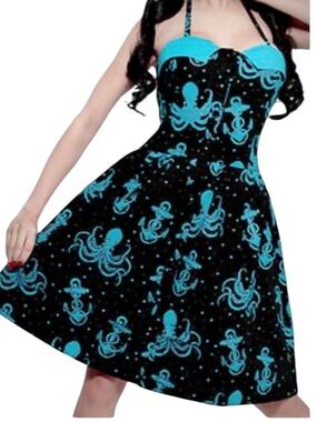 Sourpuss out to sea halter button front mini dress octopus black and blue retro